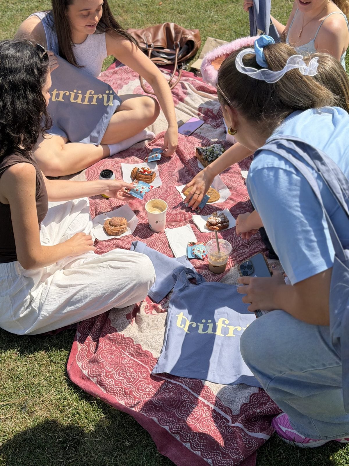 A group on a picnic blanket in People’s Park, sharing Trü Frü.